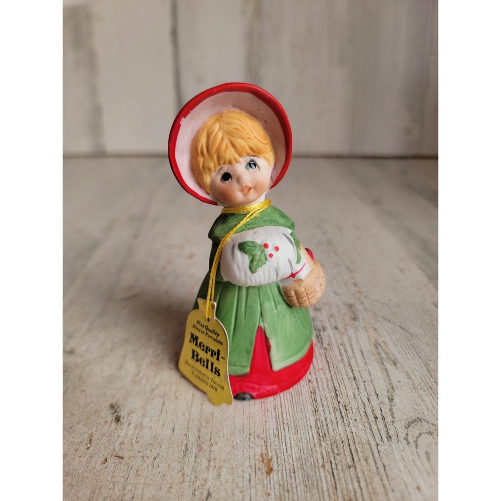 Jasco vintage caroler porcelain Bell Xmas girl holly mistletoe home decor figure